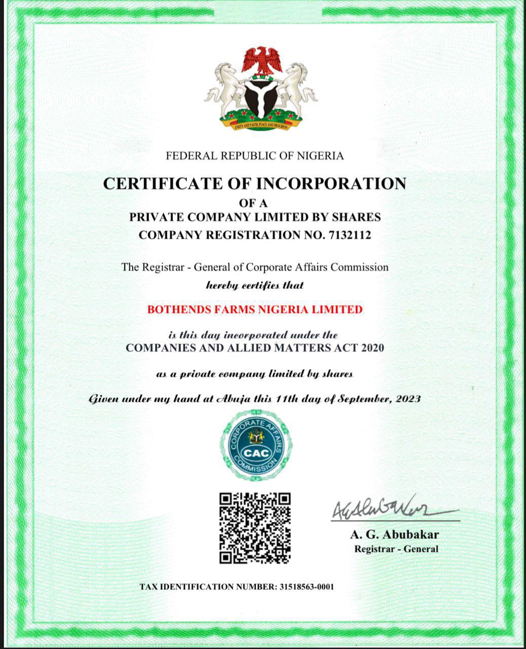 CAC Certificate of Incorporation for Bothends Farms Nigeria Limited